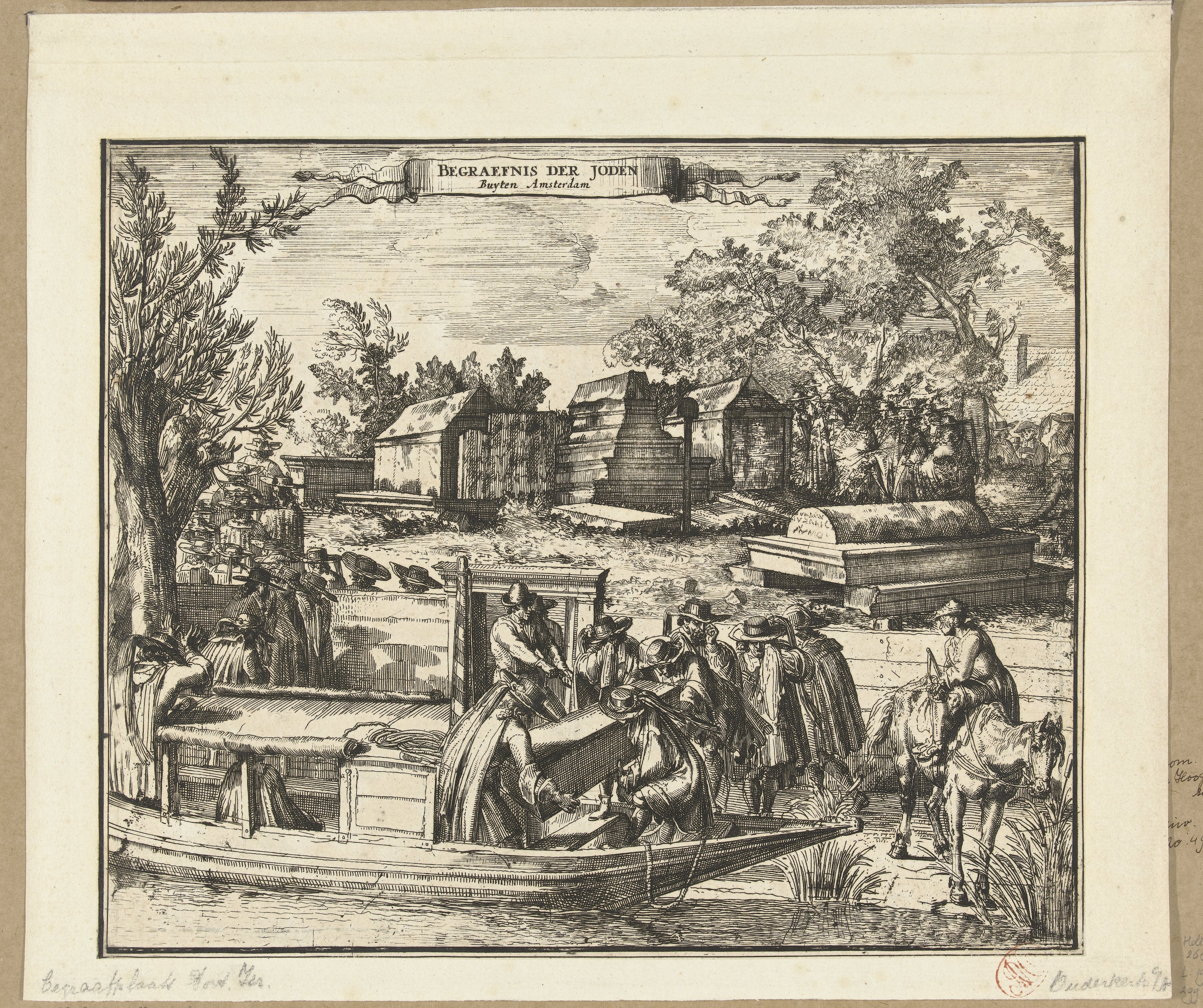 Trekschuit bij Portugees Joodse begraafplaats Beth Haim te Ouderkerk, Romeyn de Hooghe, 1670 - 1690